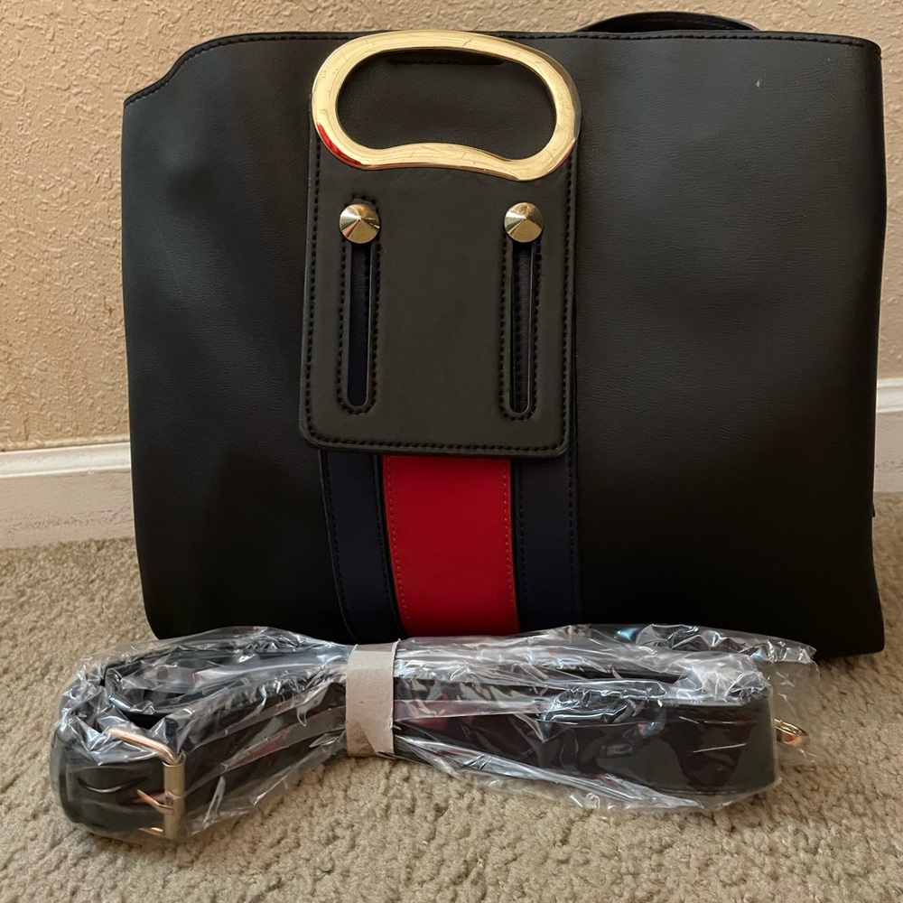 Black and Red Shoulder Bag with Gold Ring Handle